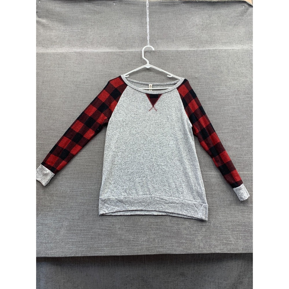 Vanilla Bay Pullover Top Womens S Heather Gray Buffalo Plaid Raglan Long Sleeve
